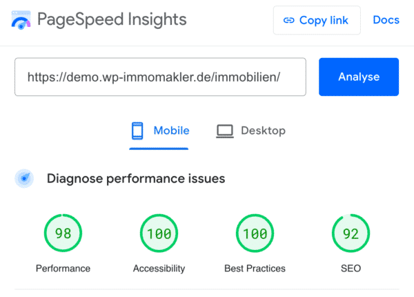 WP-ImmoMakler PLUS PageSpeed Mobile