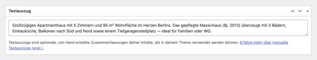 WP-ImmoMakler Demobild KI-Funktionen für Immobilienmakler – Excerpt in der Detailansicht einrichten
