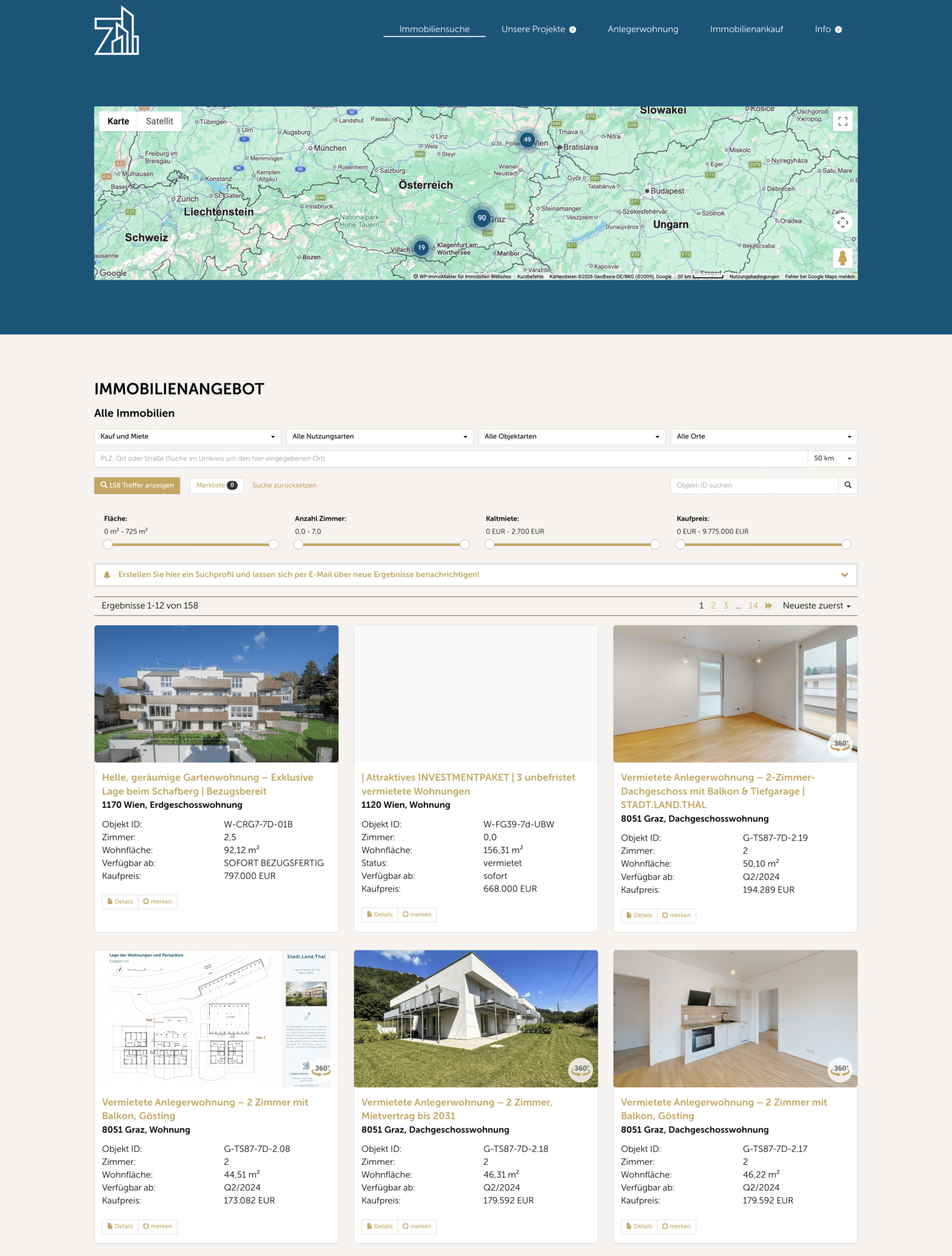 Listenansicht der Maklerwebsite Sieben Dörfer Immobilien