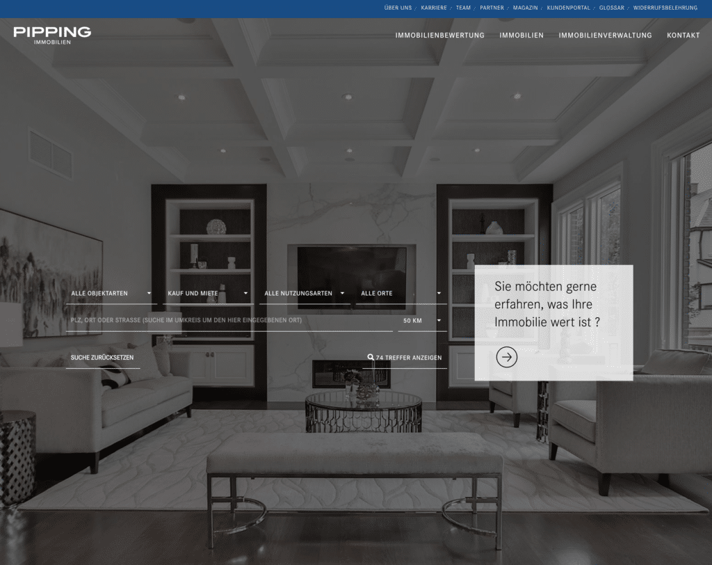 Suchmaske im Header – Beispiel Pipping Immobilien