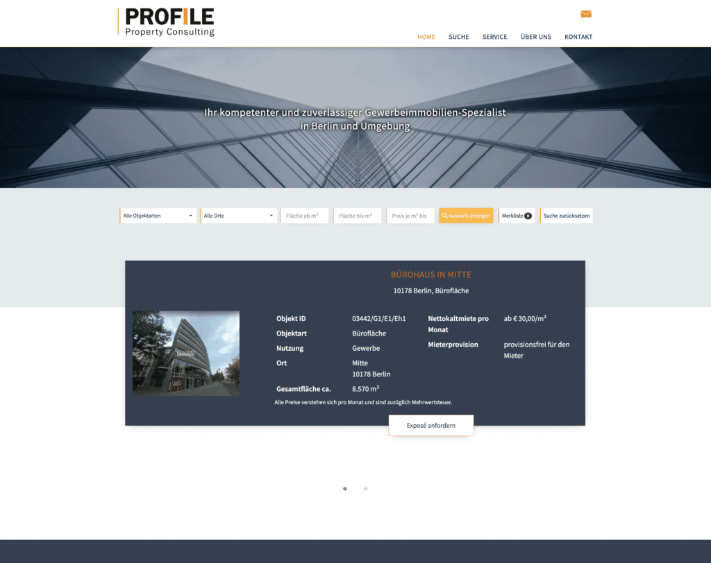 Suchmaske im Header – Beispiel Profile Property Consulting