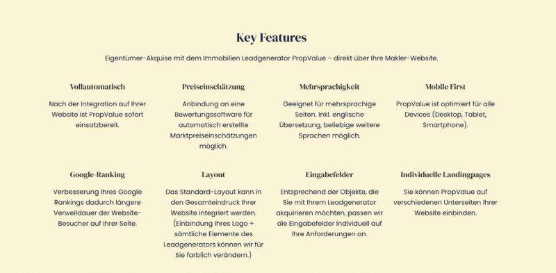 Funktionen des Immobilien-Leadgenerators PropValue